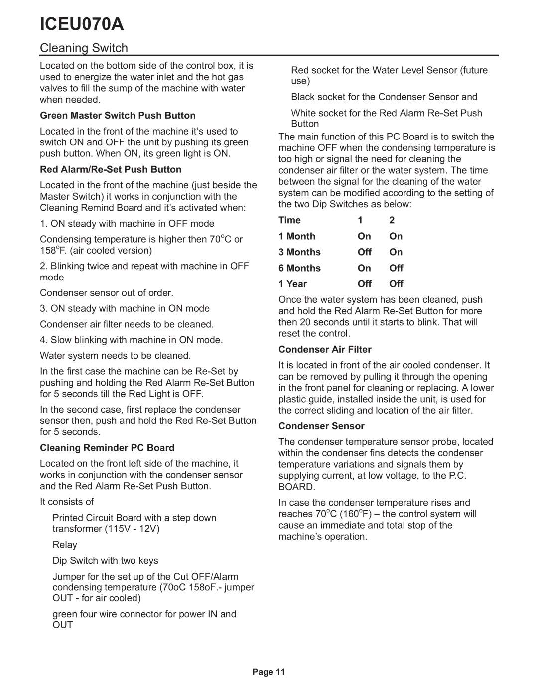 Ice-O-Matic ICEU070A installation manual Cleaning Switch 