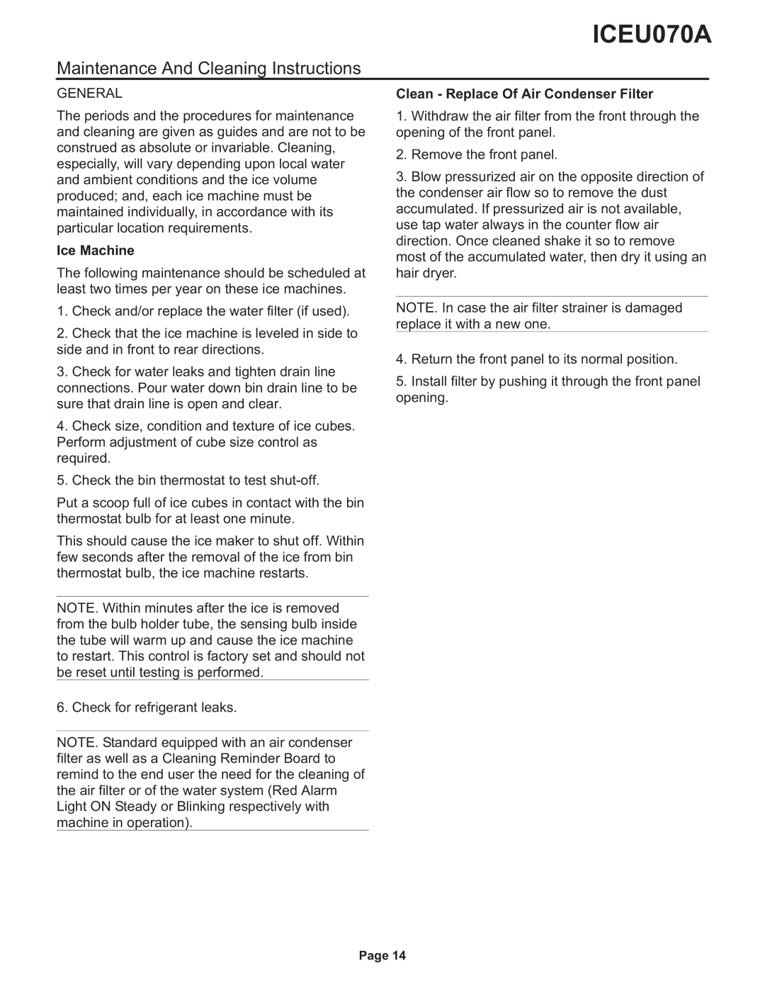 Ice-O-Matic ICEU070A Maintenance And Cleaning Instructions, General, Ice Machine, Clean Replace Of Air Condenser Filter 