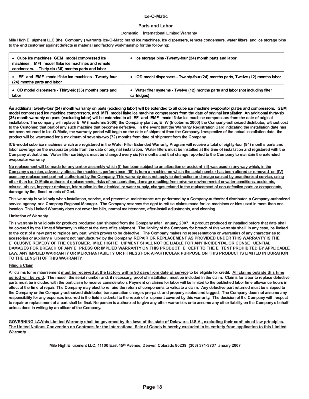 Ice-O-Matic ICEU070A installation manual Ice-O-Matic Parts and Labor 