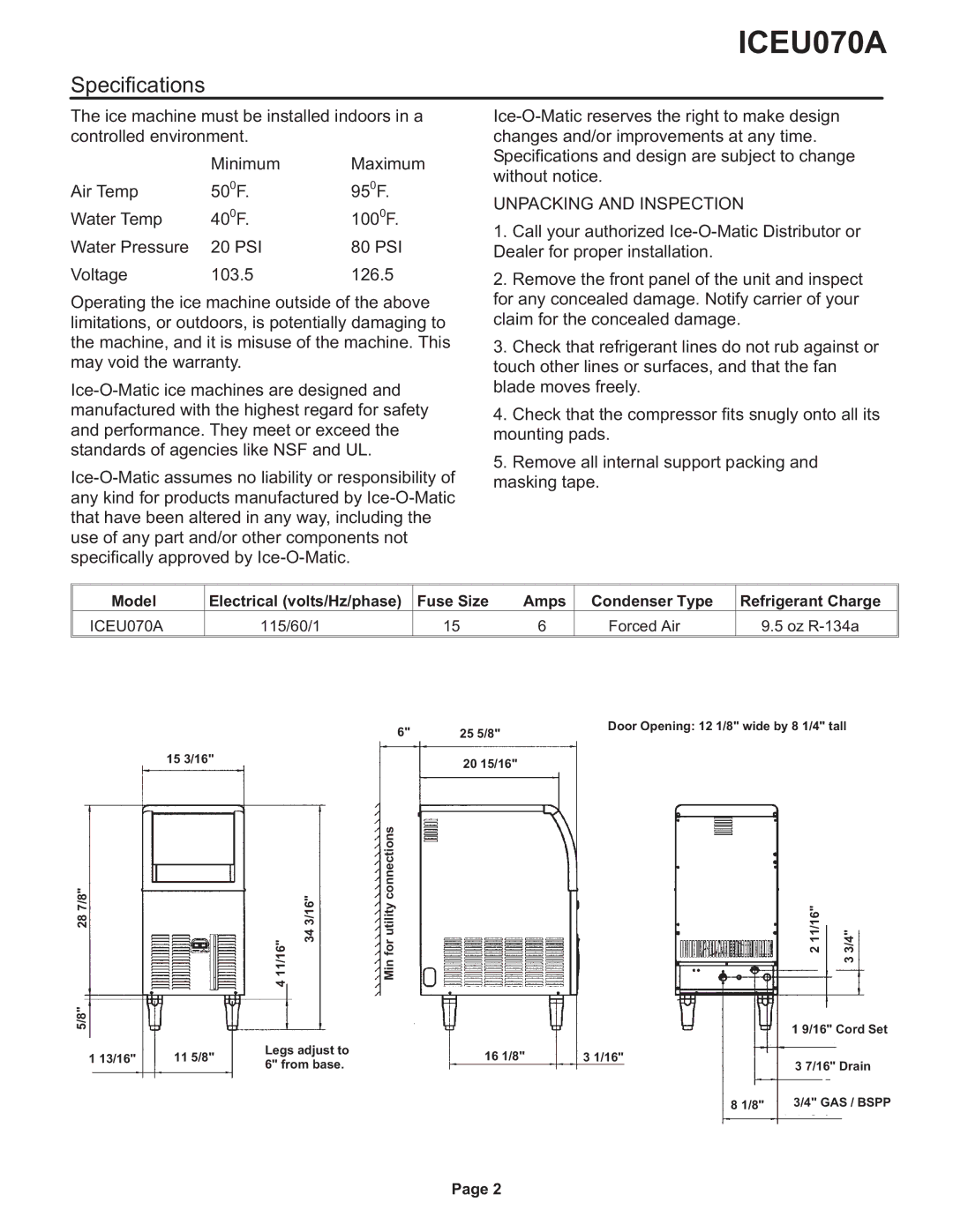 Ice-O-Matic ICEU070A installation manual Specifications, Unpacking and Inspection 