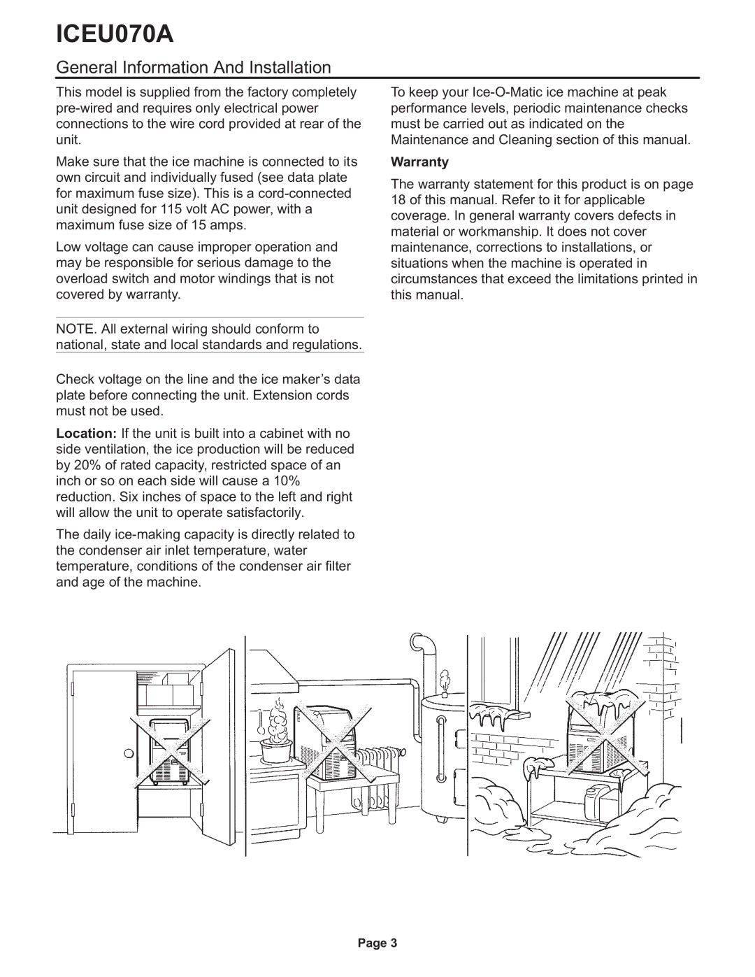 Ice-O-Matic ICEU070A installation manual General Information And Installation, Warranty 