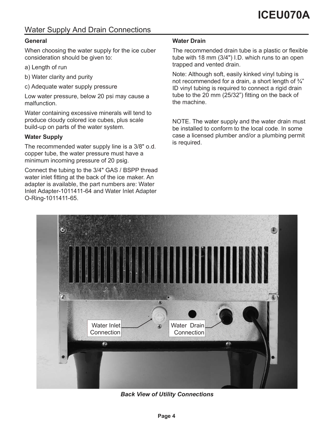 Ice-O-Matic ICEU070A installation manual Water Supply And Drain Connections, General, Water Drain 