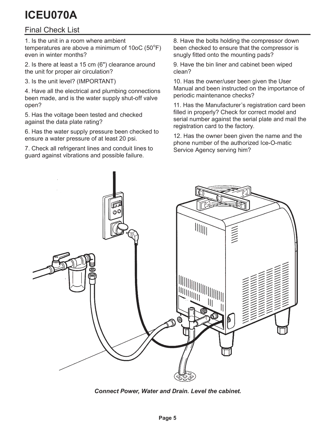 Ice-O-Matic ICEU070A installation manual Final Check List 