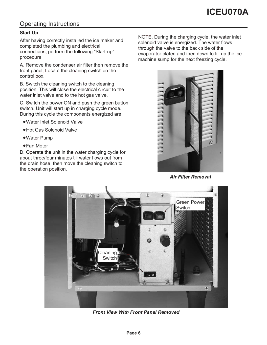 Ice-O-Matic ICEU070A installation manual Operating Instructions, Start Up 