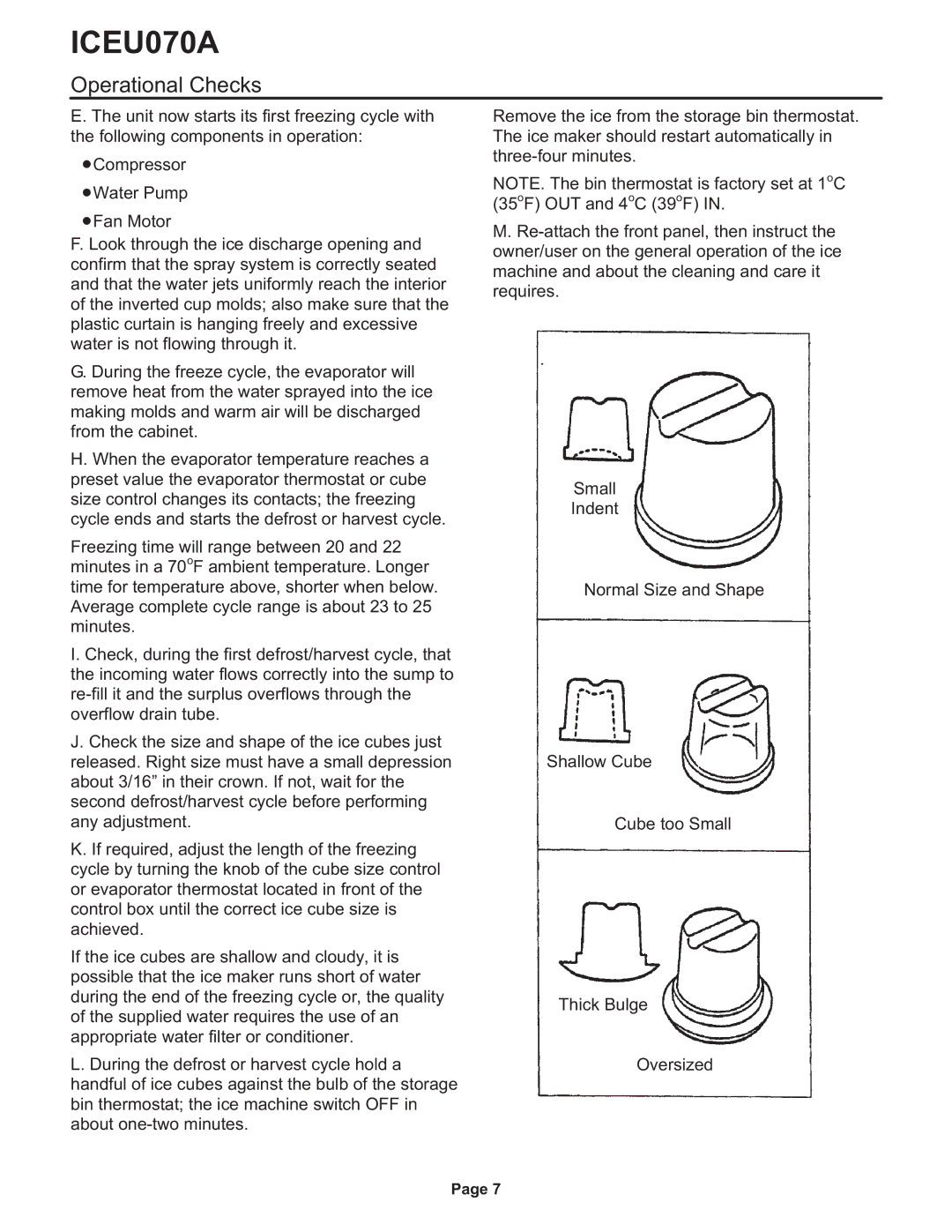 Ice-O-Matic ICEU070A installation manual Operational Checks 