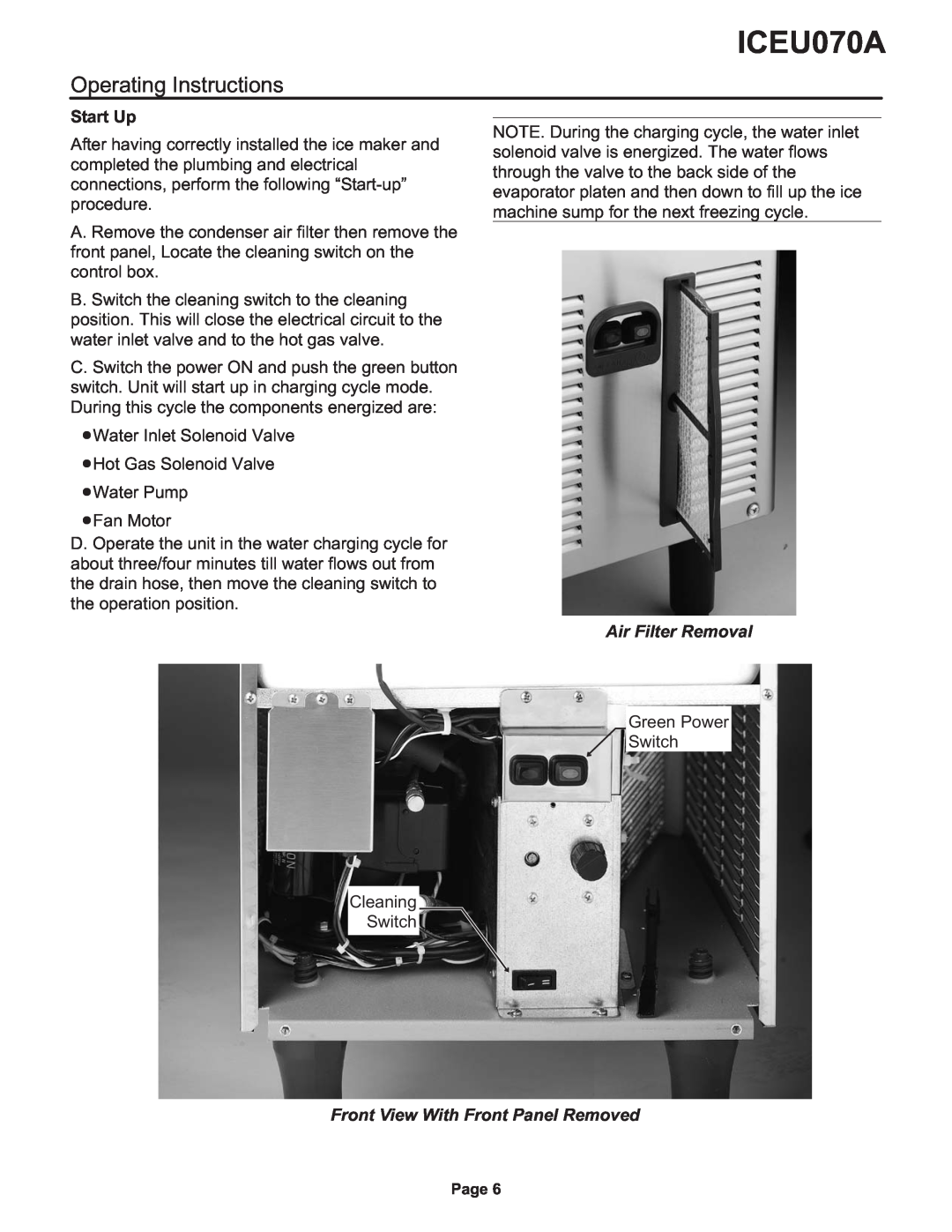 Ice-O-Matic ICEU070A Operating Instructions, Start Up, Air Filter Removal, Front View With Front Panel Removed 