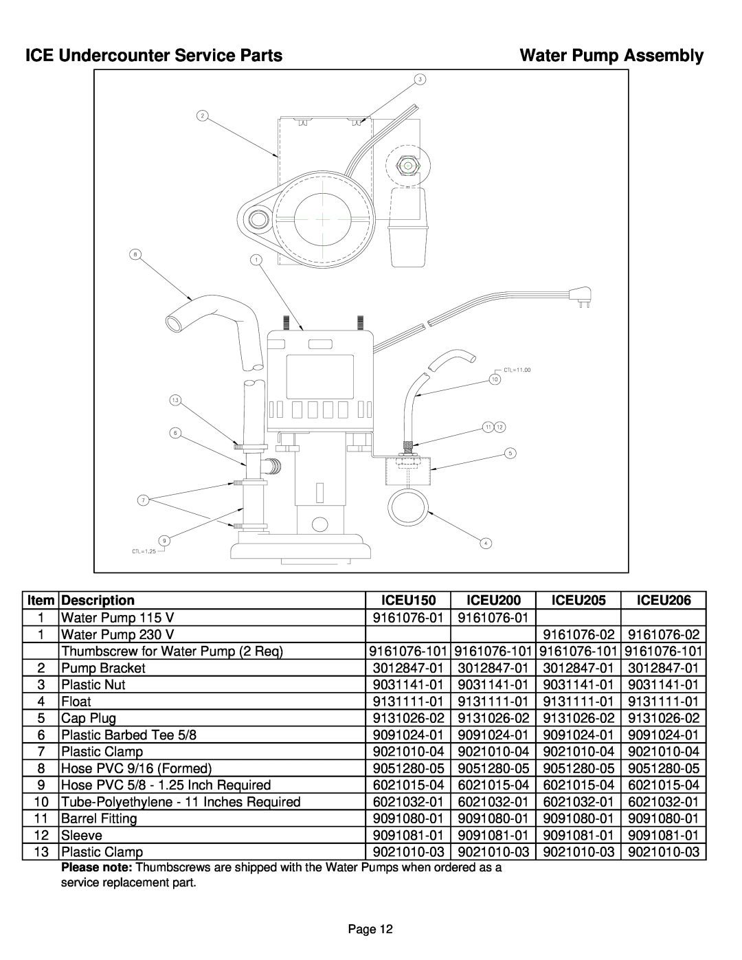 Ice-O-Matic ICEU206, ICEU205, iceu200 manual Water Pump Assembly, ICE Undercounter Service Parts 