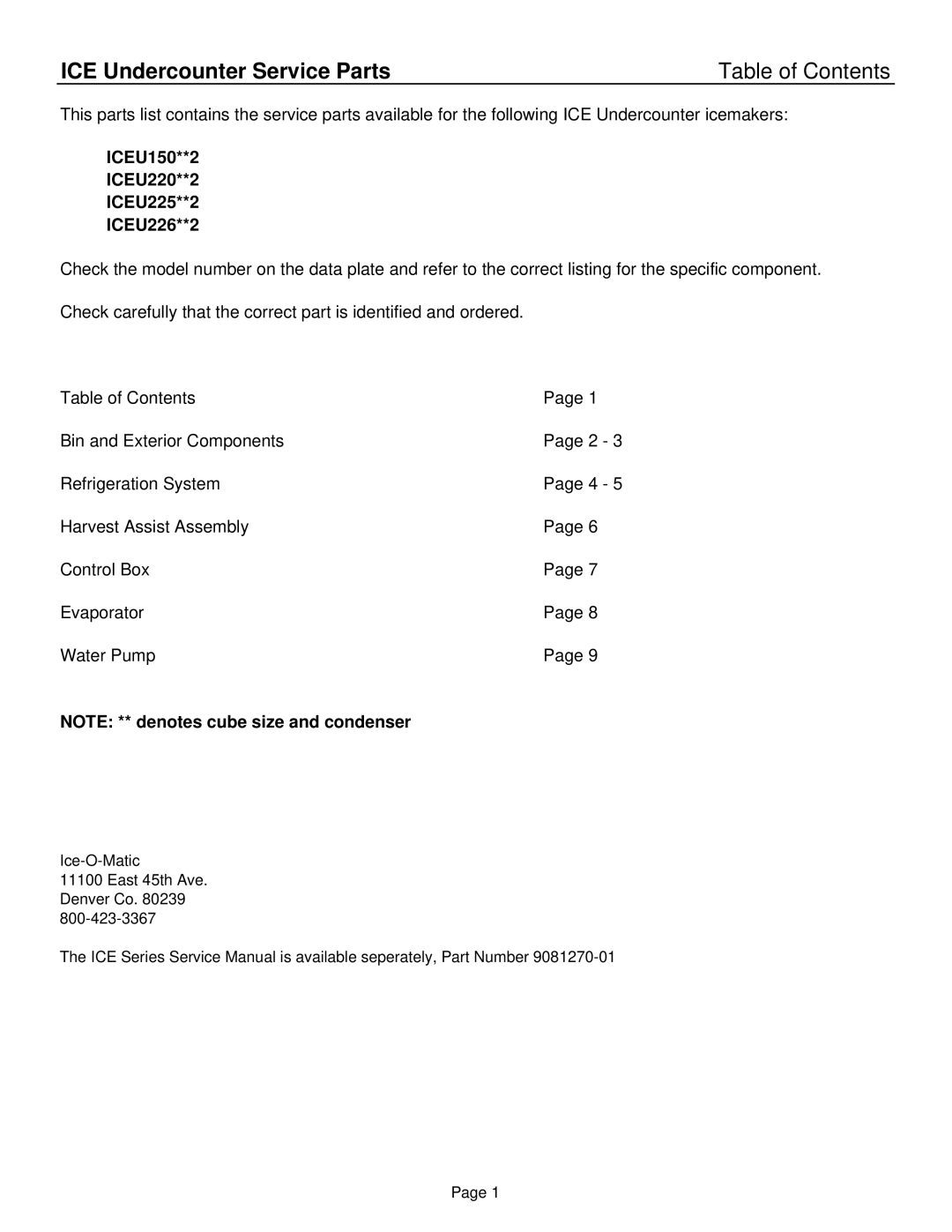 Ice-O-Matic ICEU150**2, ICEU225**2, ICEU220**2, ICEU226**2 manual ICE Undercounter Service Parts Table of Contents 