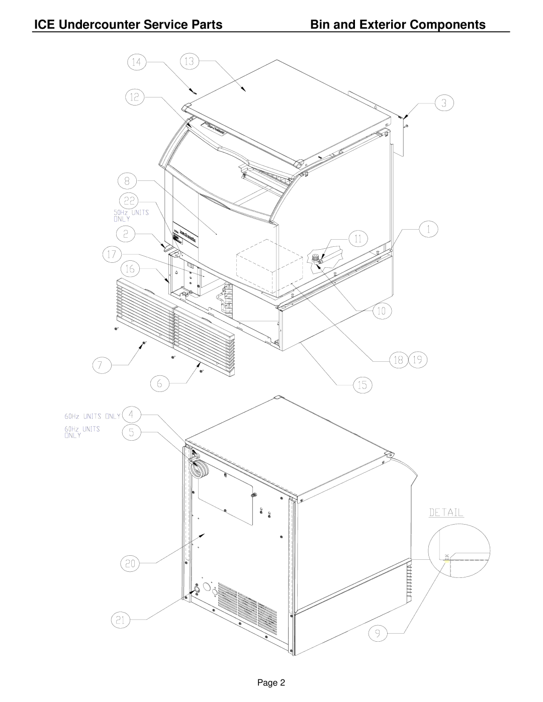 Ice-O-Matic ICEU225**2, ICEU220**2, ICEU226**2, ICEU150**2 manual ICE Undercounter Service Parts Bin and Exterior Components 