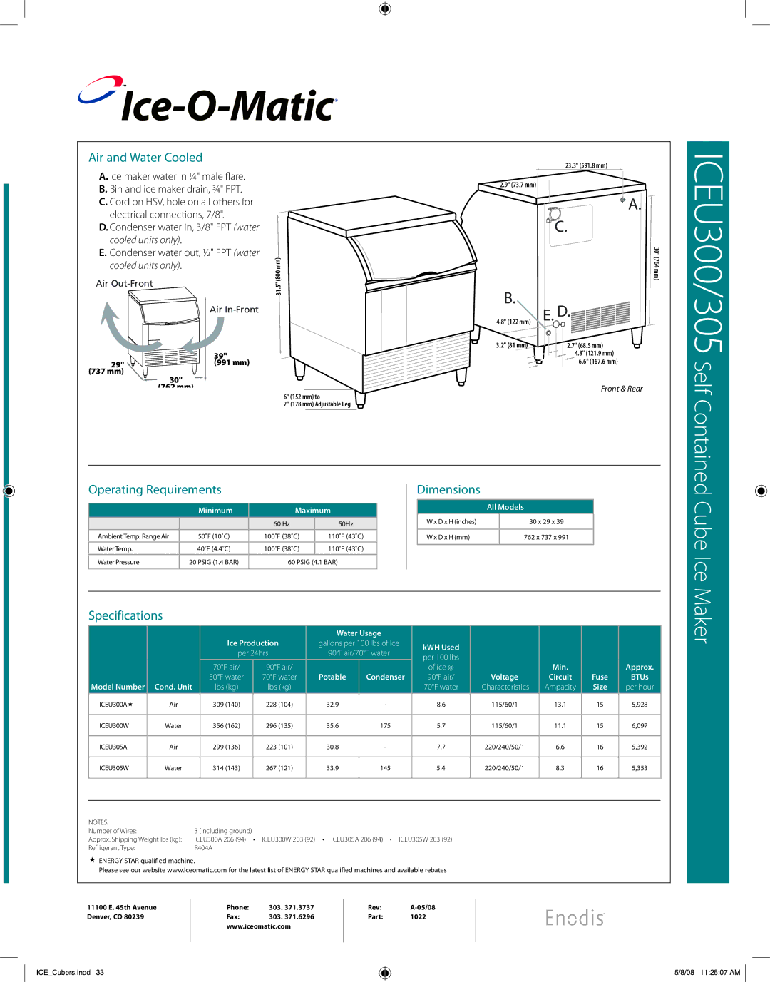 Ice-O-Matic ICEU300, ICEU305 warranty Air and Water Cooled, Operating Requirements, Specifications, Minimum, Min Approx 