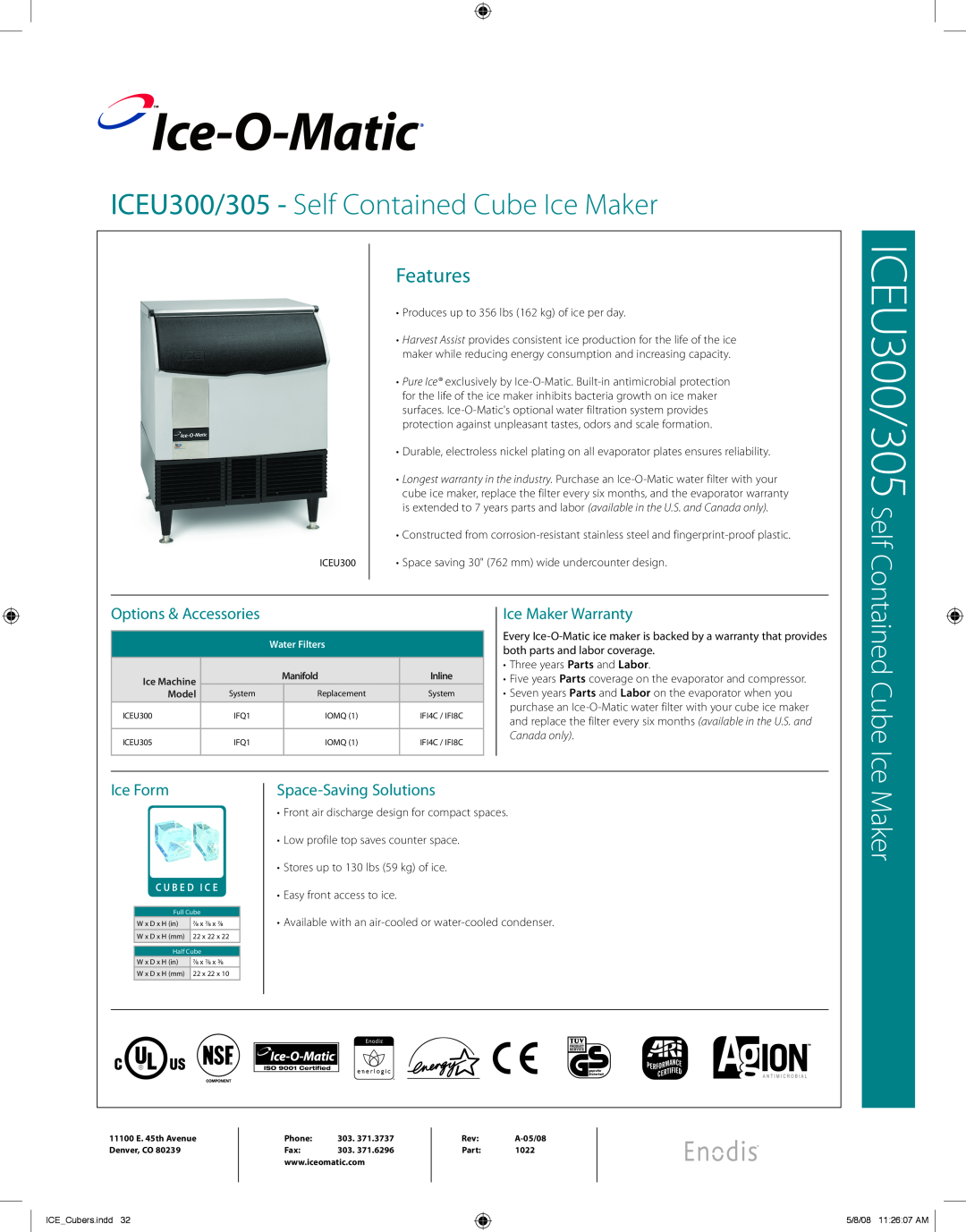 Ice-O-Matic ICEU305 warranty Ice-O-Matic, Options & Accessories, Ice Maker Warranty, Ice Form, Space-Saving Solutions 