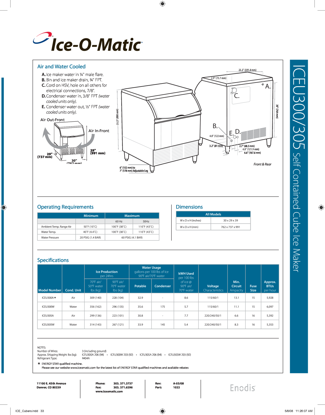 Ice-O-Matic ICEU300 Contained Cube Ice Maker, Air and Water Cooled, Operating Requirements, Specifications, Ice-O-Matic 