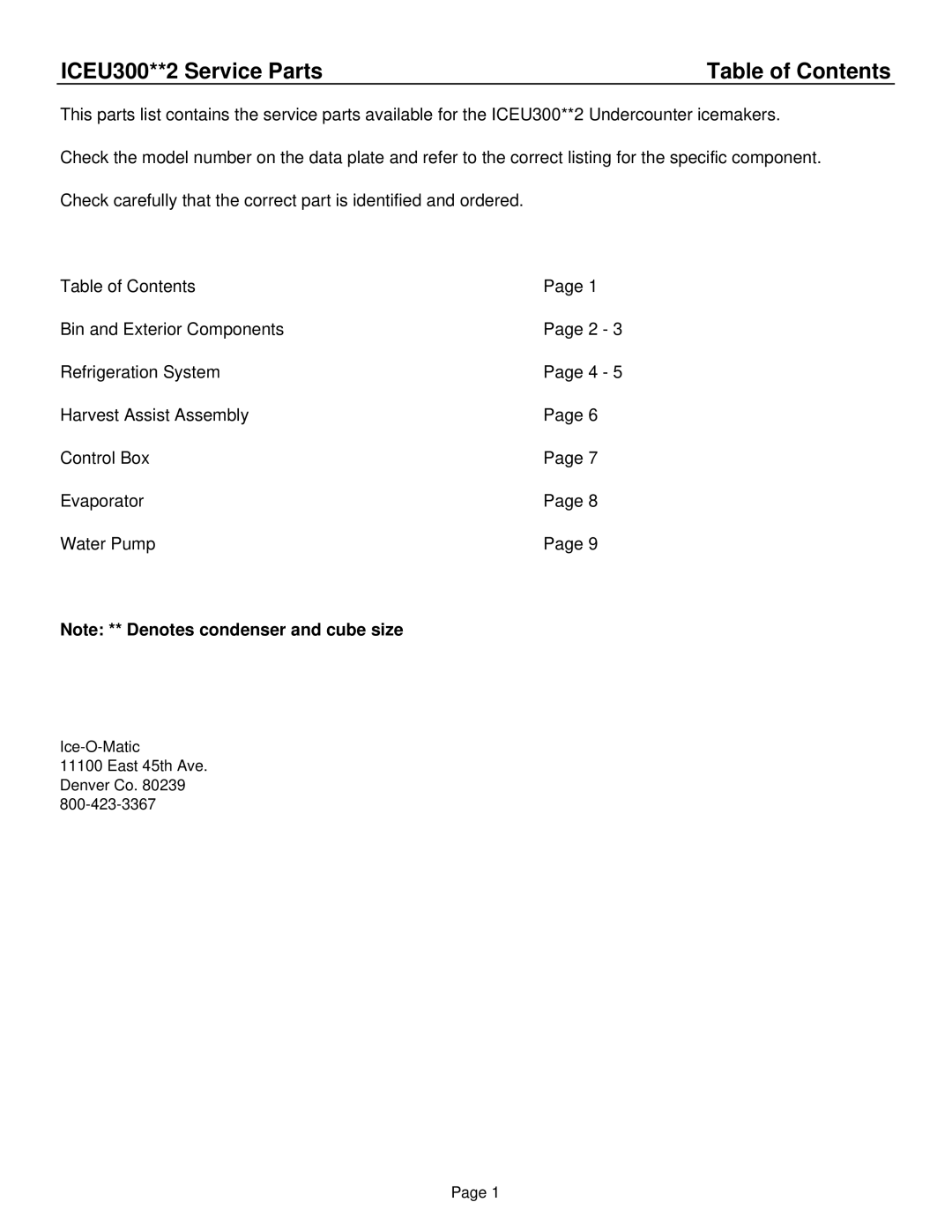 Ice-O-Matic ICEU305**2 manual ICEU300**2 Service Parts, Table of Contents 