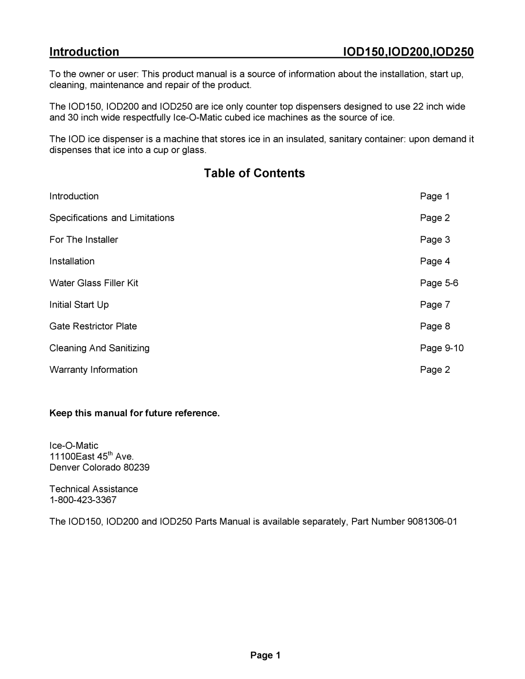 Ice-O-Matic IOD150, IOD200 installation manual Introduction, Table of Contents 