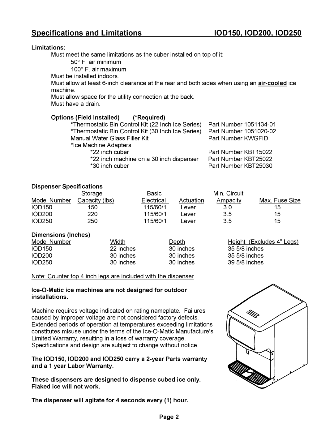 Ice-O-Matic IOD200 Specifications and Limitations, Options Field Installed, Dispenser Specifications, Dimensions Inches 