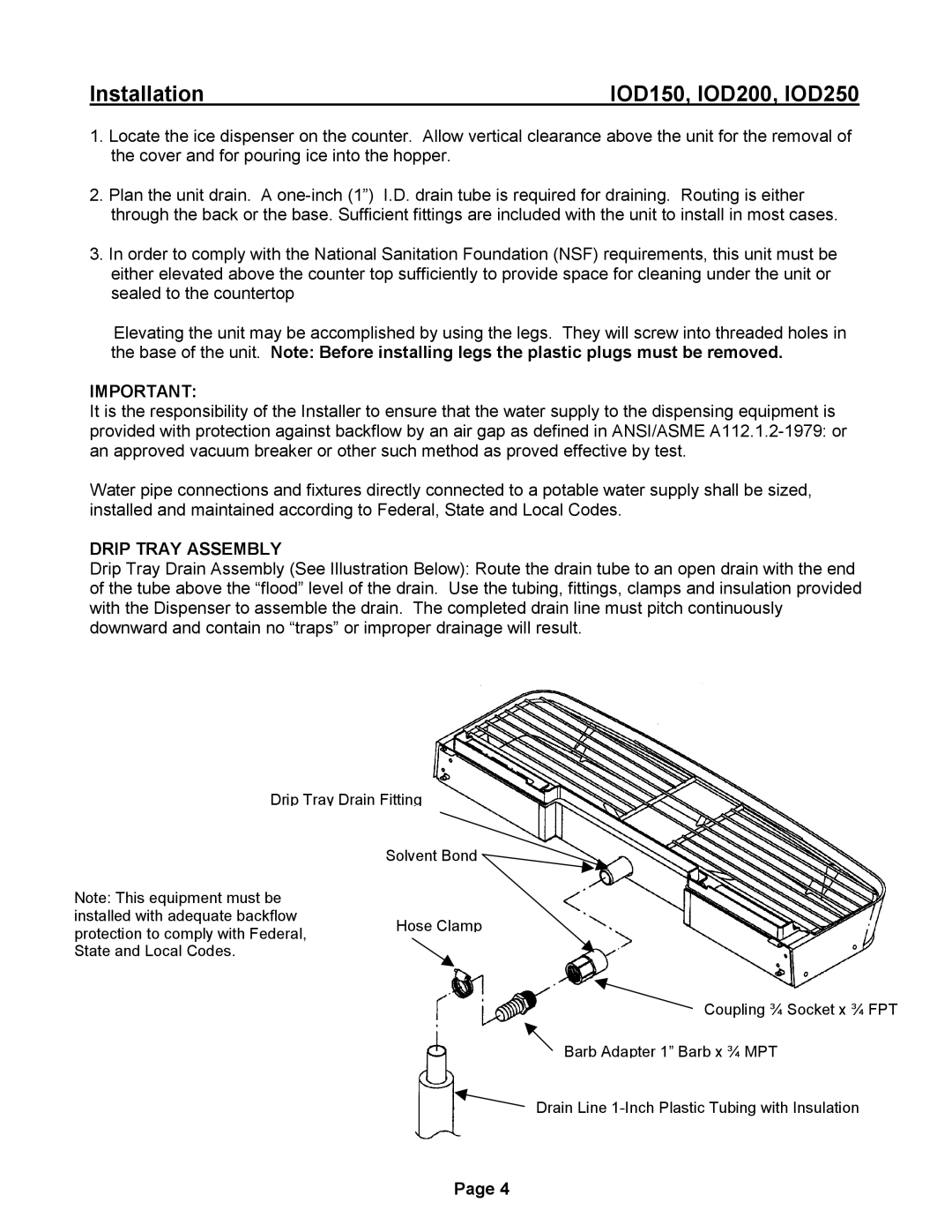 Ice-O-Matic IOD200, IOD150 installation manual Installation, Drip Tray Assembly 