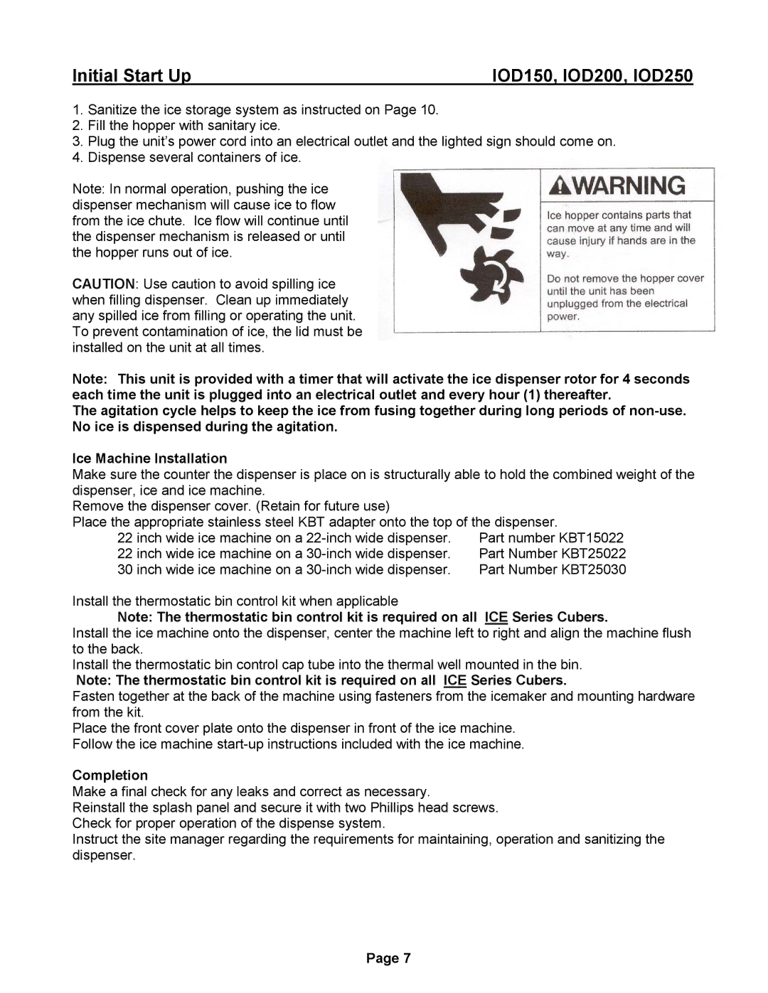 Ice-O-Matic IOD150, IOD200 installation manual Initial Start Up, Completion 