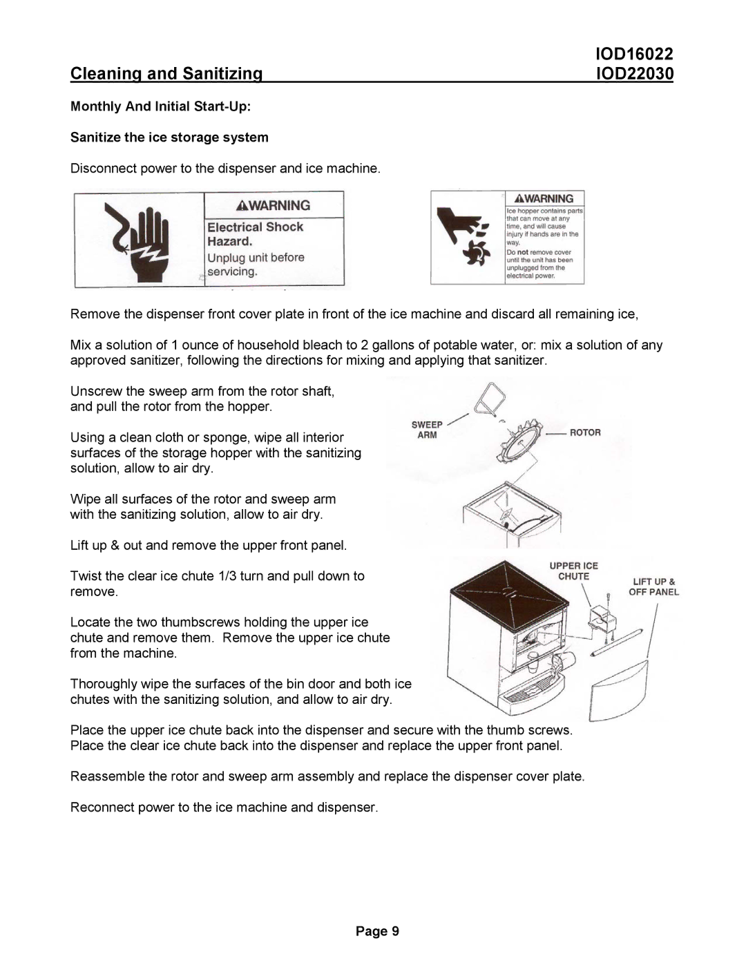 Ice-O-Matic IOD16022, IOD22030 manual Monthly And Initial Start-Up Sanitize the ice storage system 