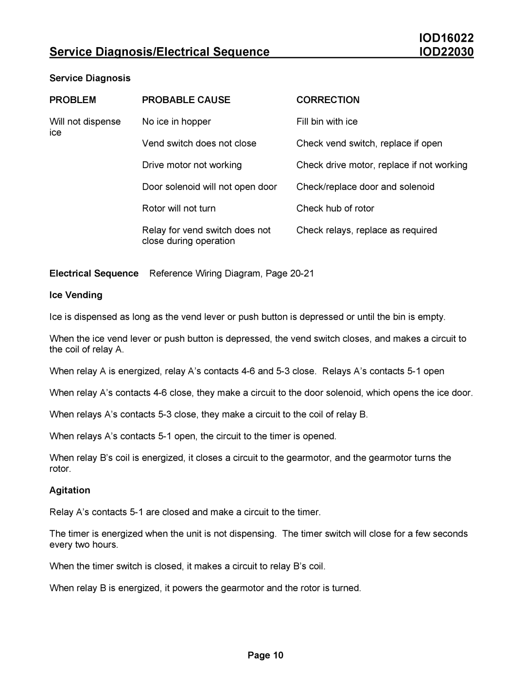 Ice-O-Matic IOD22030, IOD16022 manual Service Diagnosis/Electrical Sequence, Ice Vending, Agitation 