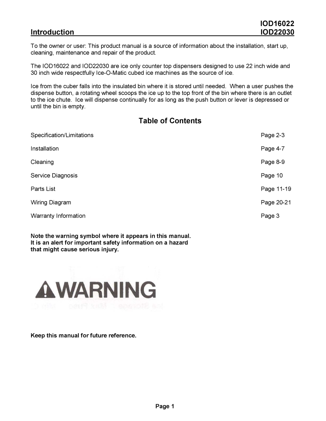 Ice-O-Matic IOD16022, IOD22030 manual Introduction, Table of Contents 