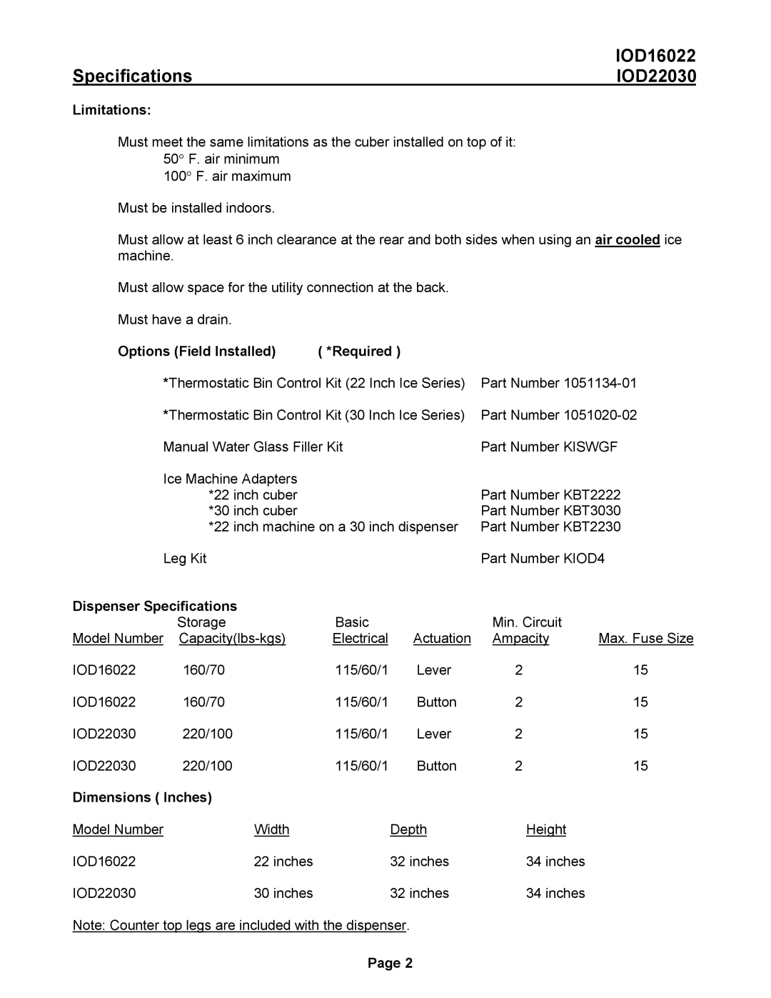 Ice-O-Matic IOD22030, IOD16022 manual Limitations, Options Field Installed, Dispenser Specifications, Dimensions Inches 