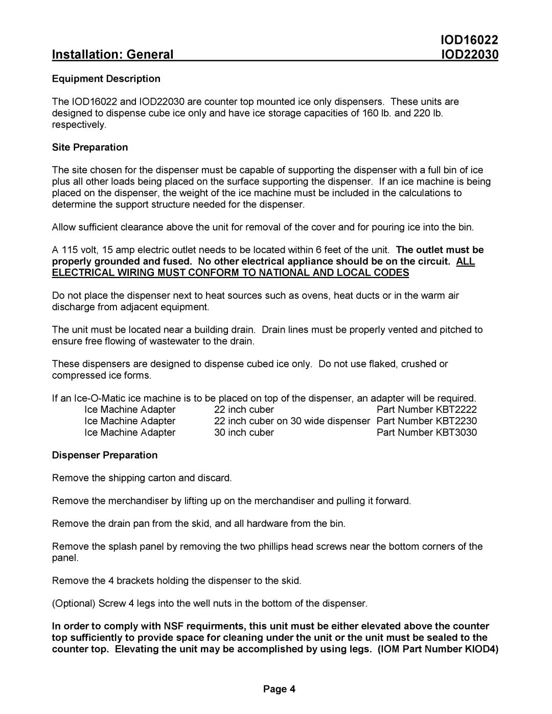 Ice-O-Matic IOD22030, IOD16022 manual Installation General, Equipment Description, Site Preparation, Dispenser Preparation 