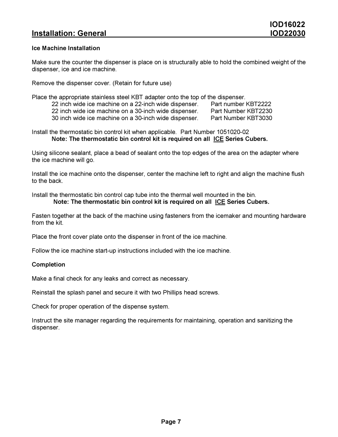 Ice-O-Matic IOD16022, IOD22030 manual Ice Machine Installation, Completion 