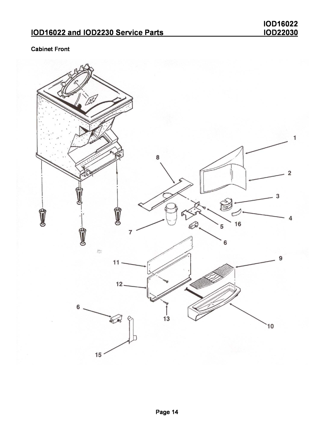 Ice-O-Matic IOD22030 manual Cabinet Front, IOD16022 and IOD2230 Service Parts, Page 
