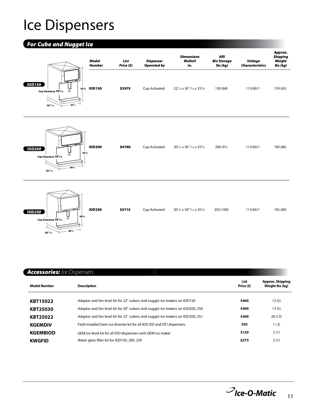 Ice-O-Matic KBT15022, KGEMBIOD, KGEMDIV, KGEM200, KBT25022, KBT23 manual For Cube and Nugget Ice, Accessories Ice Dispensers 