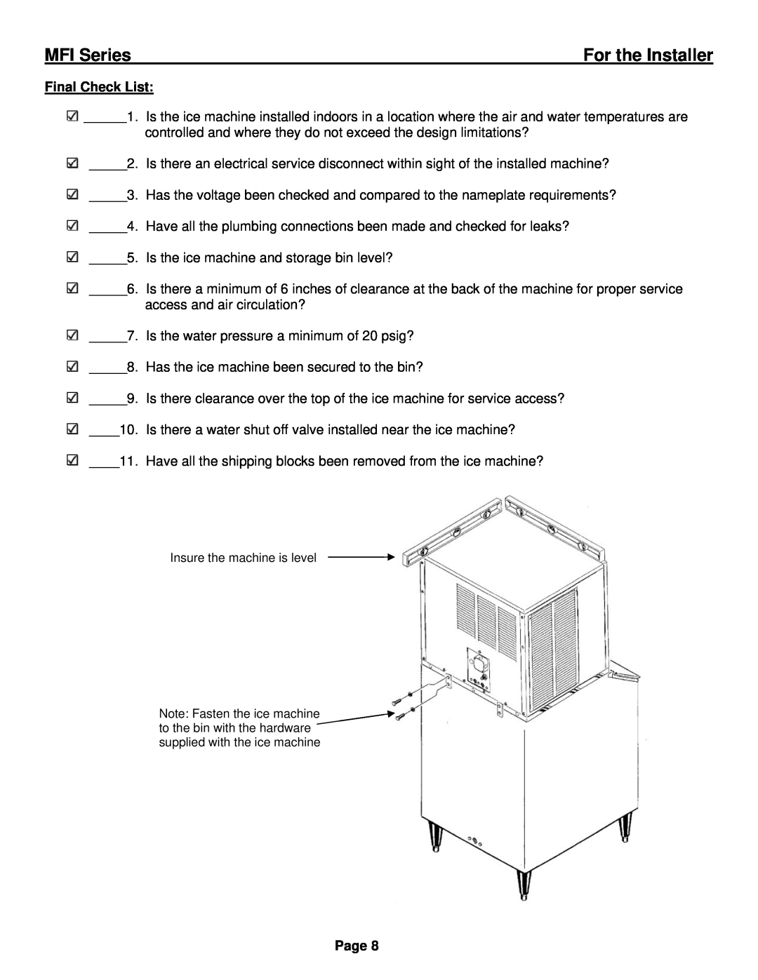 Ice-O-Matic installation manual Final Check List, MFI Series, For the Installer, Page 