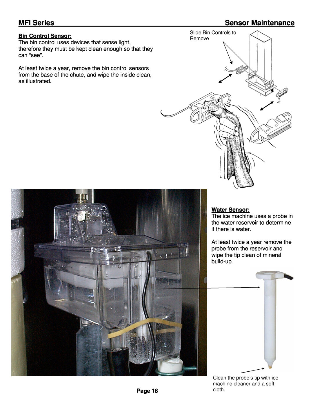 Ice-O-Matic installation manual Sensor Maintenance, Bin Control Sensor, Water Sensor, MFI Series, Page 