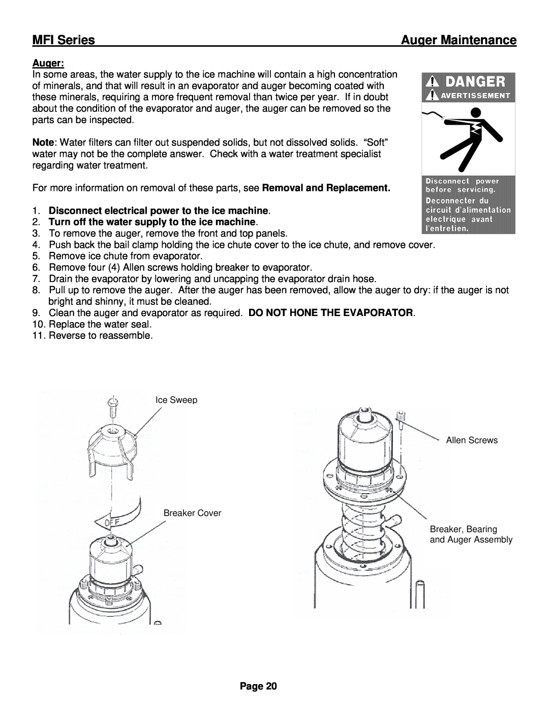 Ice-O-Matic installation manual Auger Maintenance, Disconnect electrical power to the ice machine, MFI Series, Page 