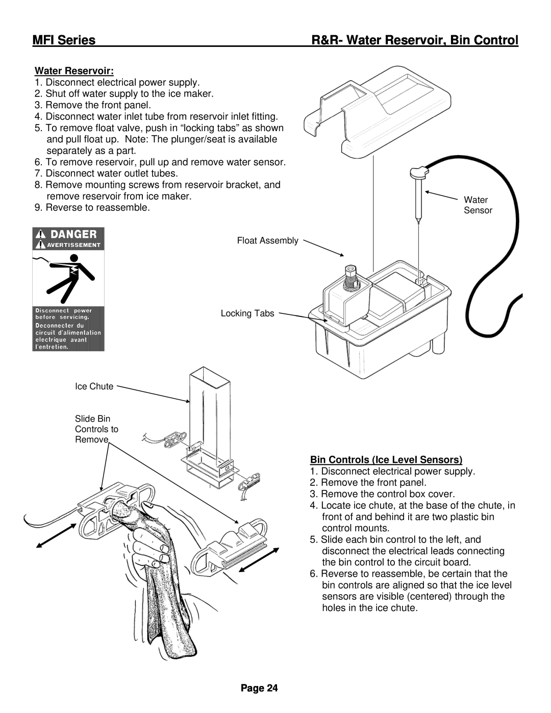 Ice-O-Matic installation manual R&R- Water Reservoir, Bin Control, Bin Controls Ice Level Sensors, MFI Series, Page 