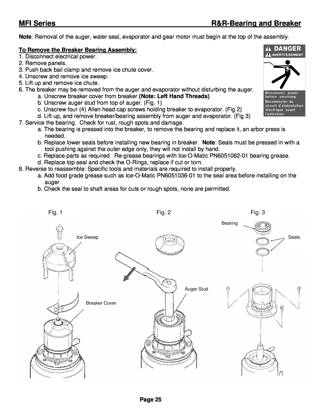 Ice-O-Matic installation manual R&R-Bearingand Breaker, To Remove the Breaker Bearing Assembly, MFI Series, Page 