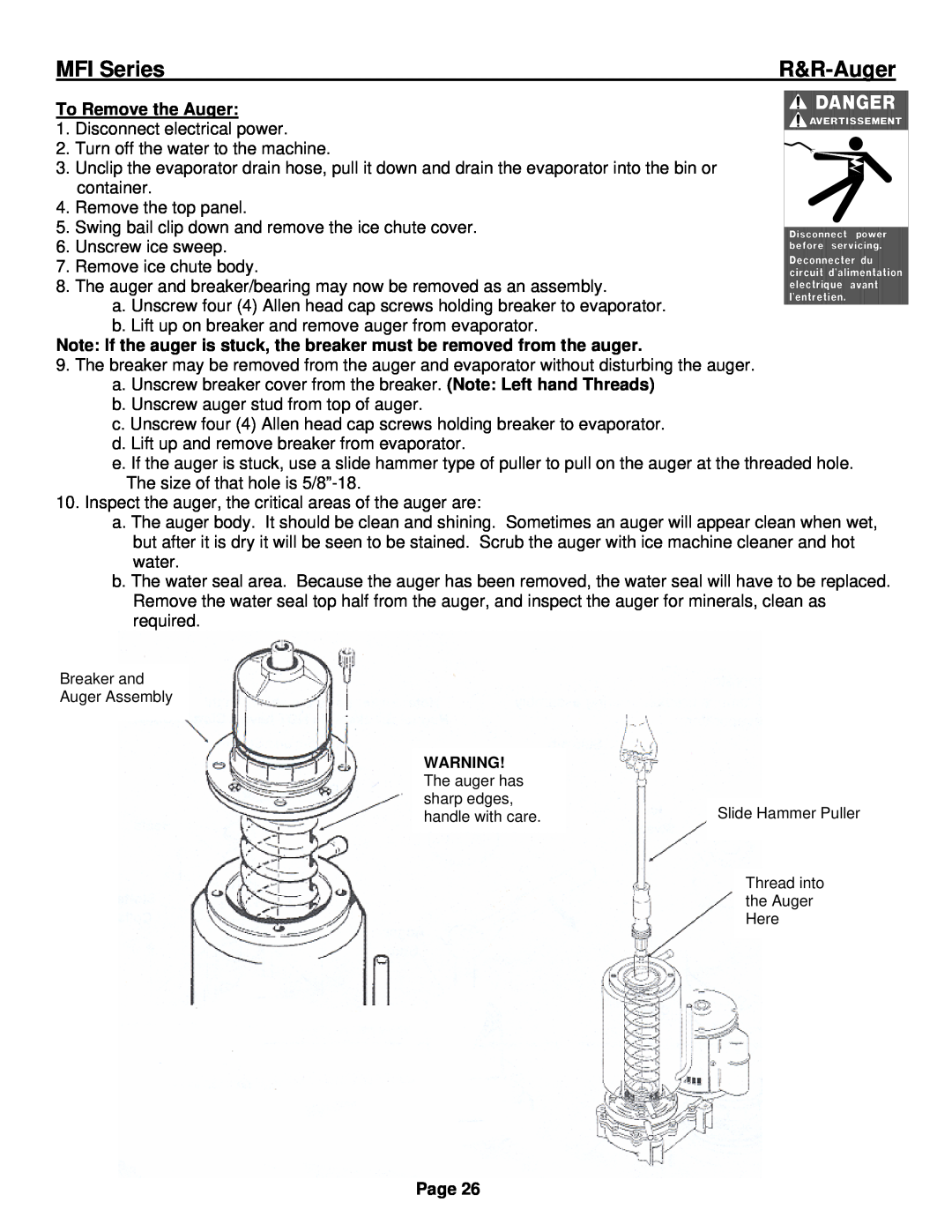 Ice-O-Matic installation manual R&R-Auger, To Remove the Auger, MFI Series, Page 