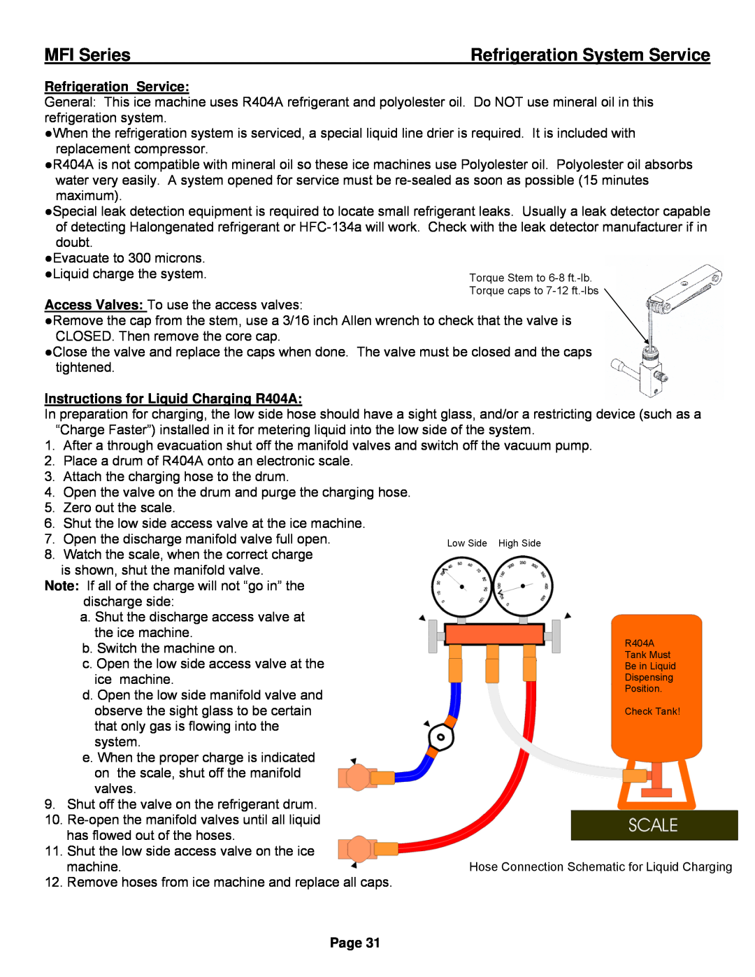 Ice-O-Matic installation manual Refrigeration System Service, Instructions for Liquid Charging R404A, MFI Series, Page 