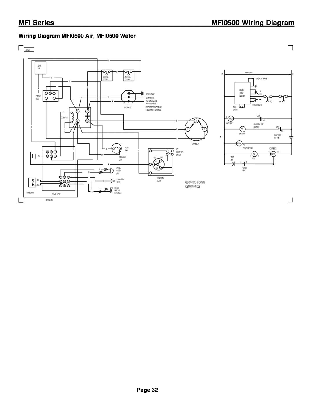 Ice-O-Matic installation manual MFI0500 Wiring Diagram, Wiring Diagram MFI0500 Air, MFI0500 Water, MFI Series, Page 