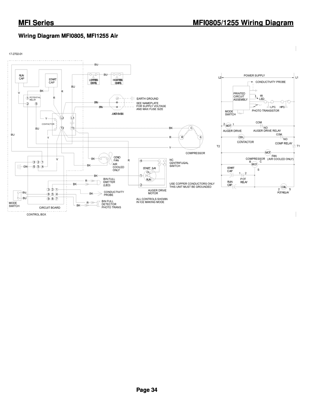 Ice-O-Matic installation manual MFI0805/1255 Wiring Diagram, Wiring Diagram MFI0805, MFI1255 Air, MFI Series, Page 