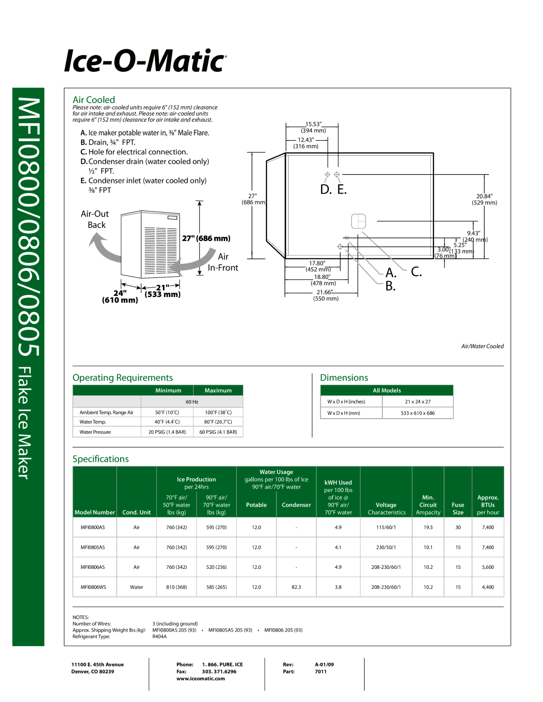 Ice-O-Matic MFI0806, MFI0805 warranty Air Cooled, Operating Requirements Dimensions, Specifications 