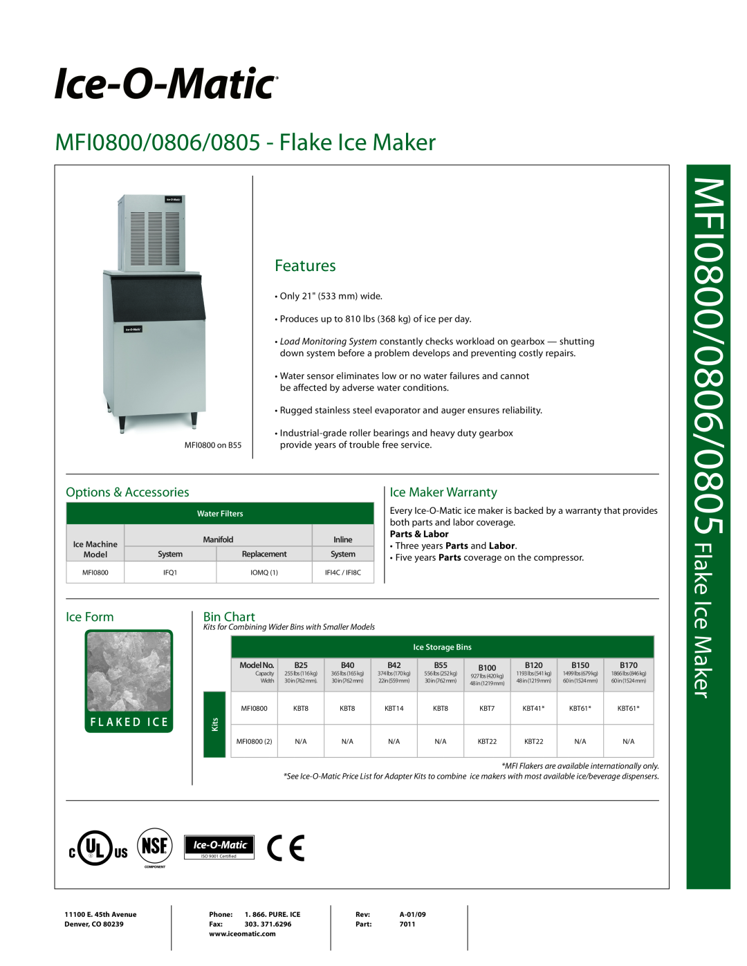 Ice-O-Matic MFI0805 warranty Options & Accessories, Ice Maker Warranty, Ice Form, Bin Chart, MFI0800/0806/0805, Flake 