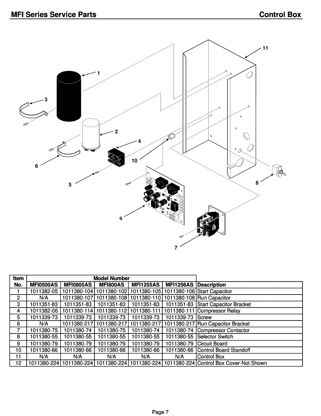Ice-O-Matic MFI1256, MFI1255, MFI0800, MFI0500 manual Control Box, MFI Series Service Parts 