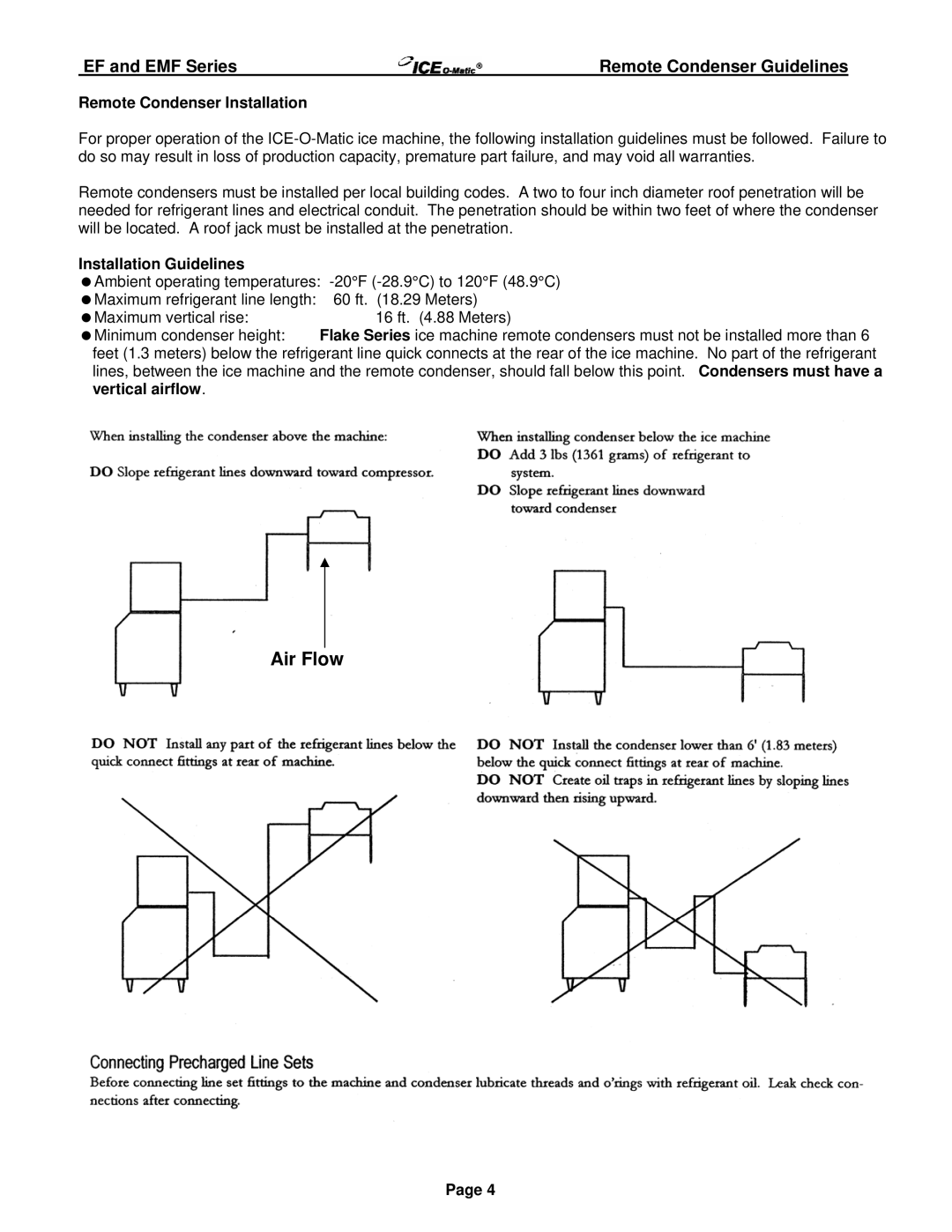 Ice-O-Matic Series 250 through 2306 manual Remote Condenser Guidelines, Remote Condenser Installation 