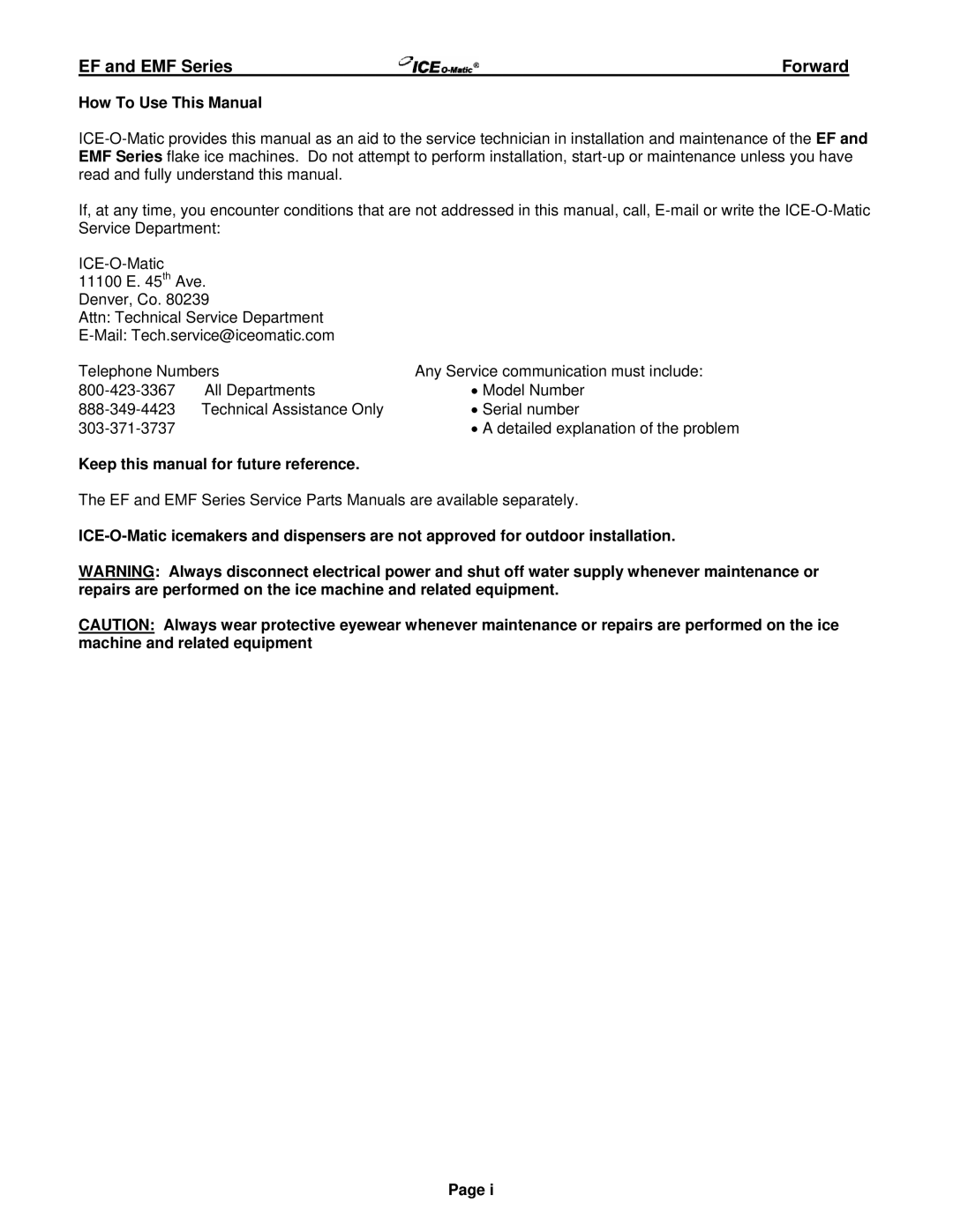 Ice-O-Matic Series 250 through 2306 manual EF and EMF Series Forward, How To Use This Manual 