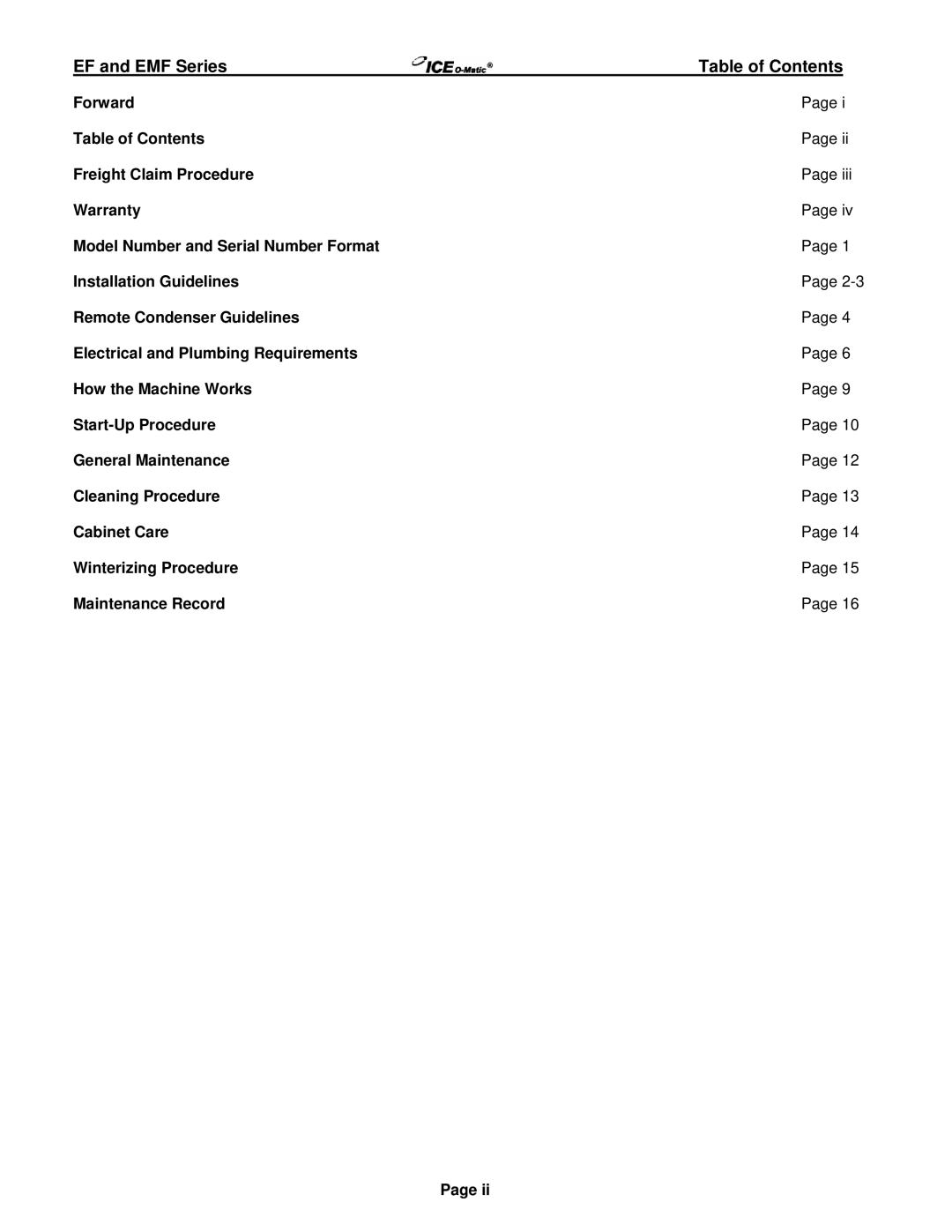 Ice-O-Matic Series 250 through 2306 manual EF and EMF Series, Table of Contents 