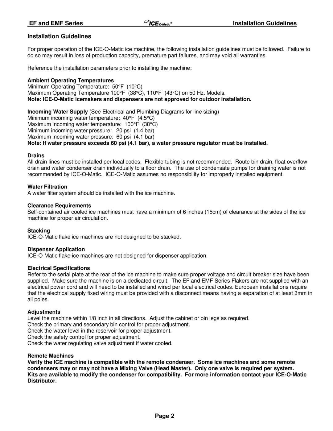 Ice-O-Matic Series 250 through 2306 manual Installation Guidelines 