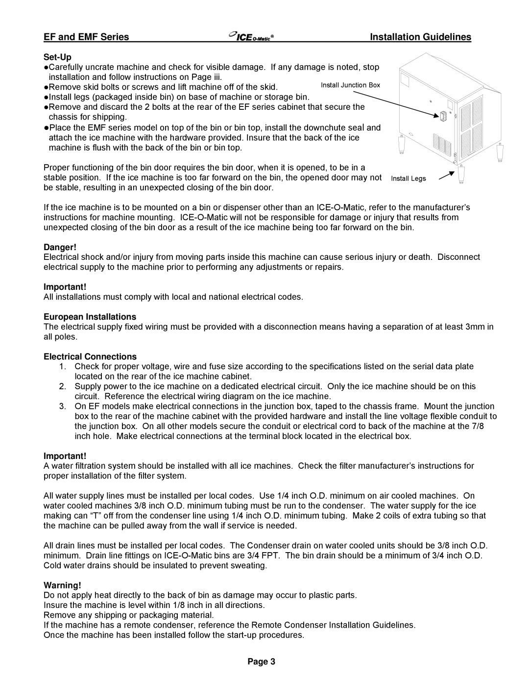 Ice-O-Matic Series 250 through 2306 manual Set-Up, European Installations, Electrical Connections 