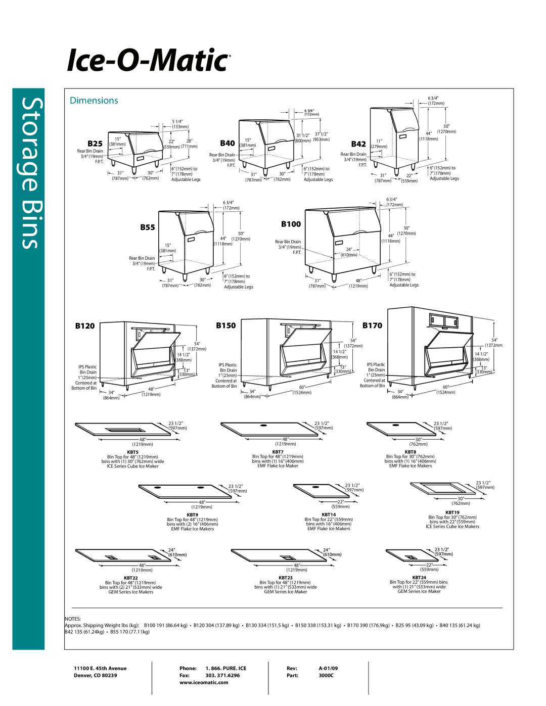 Ice-O-Matic Storage Bin manual B40, B42, B55 B100, B120 B150 B170 