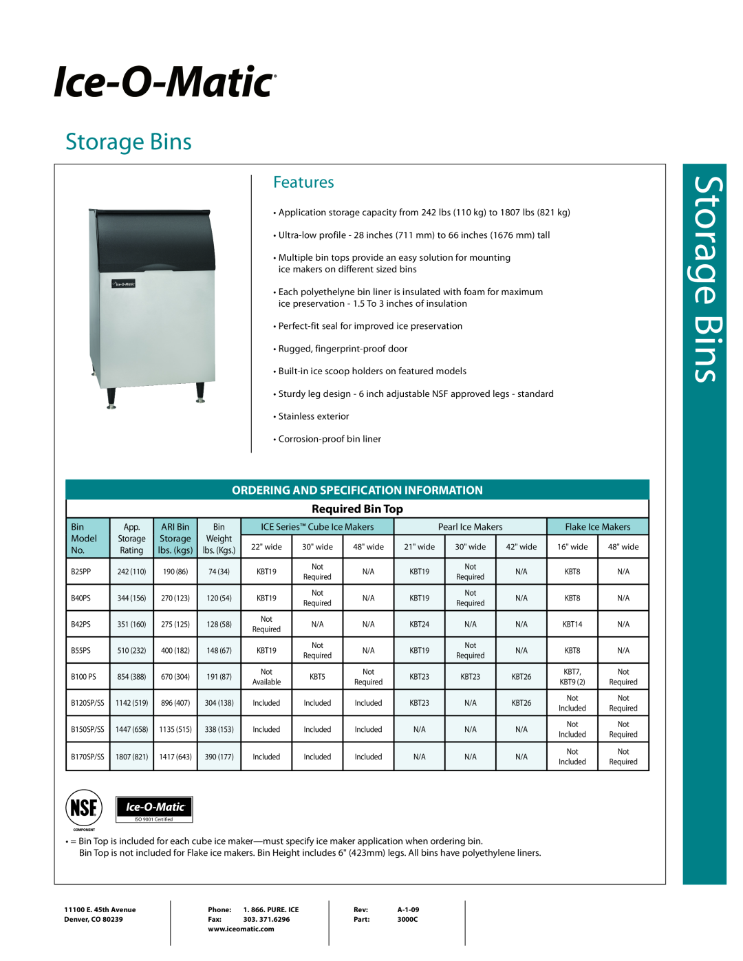Ice-O-Matic manual Required Bin Top, Storage Bins, Features, Ordering And Specification Information 