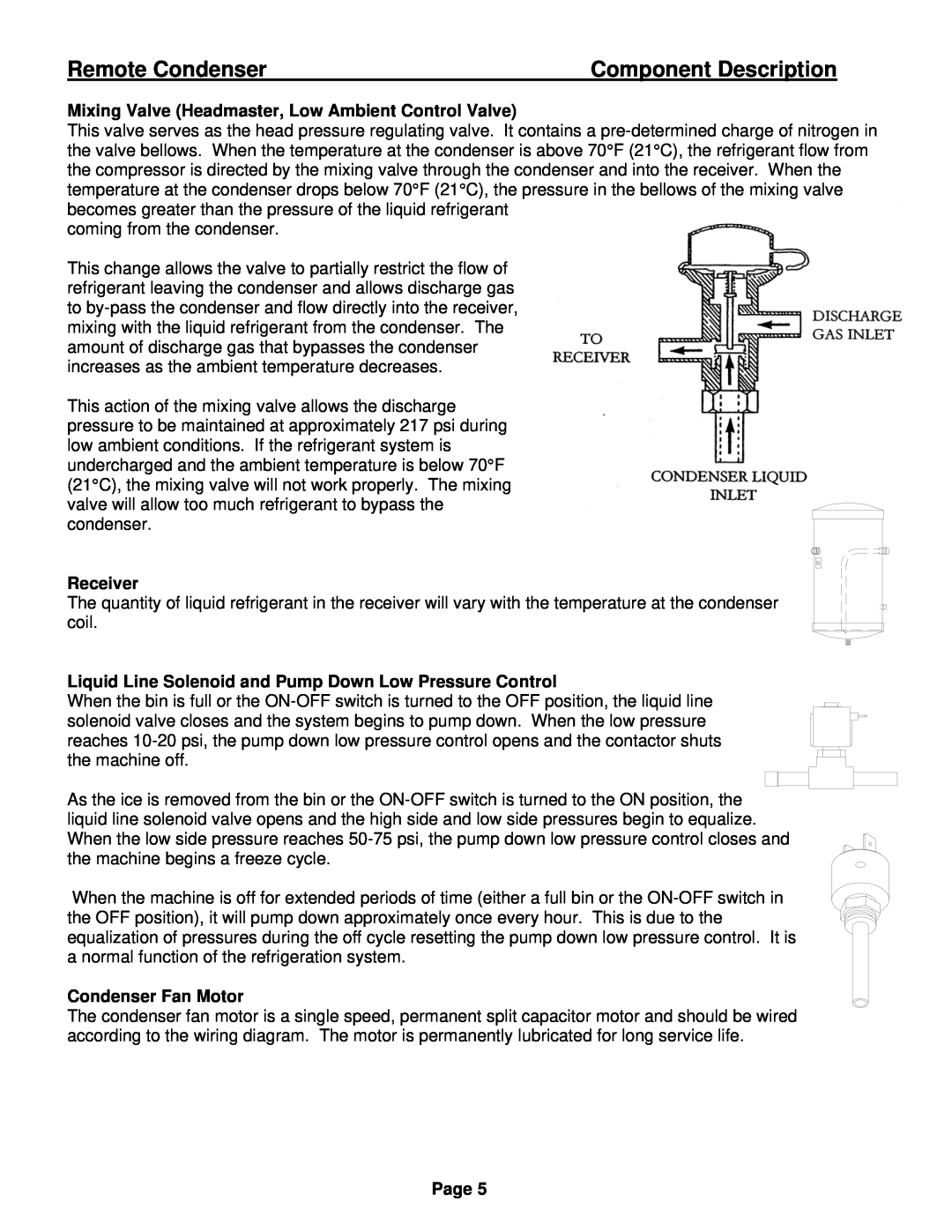 Ice-O-Matic VRC manual Component Description, Remote Condenser, Receiver, Condenser Fan Motor, Page 