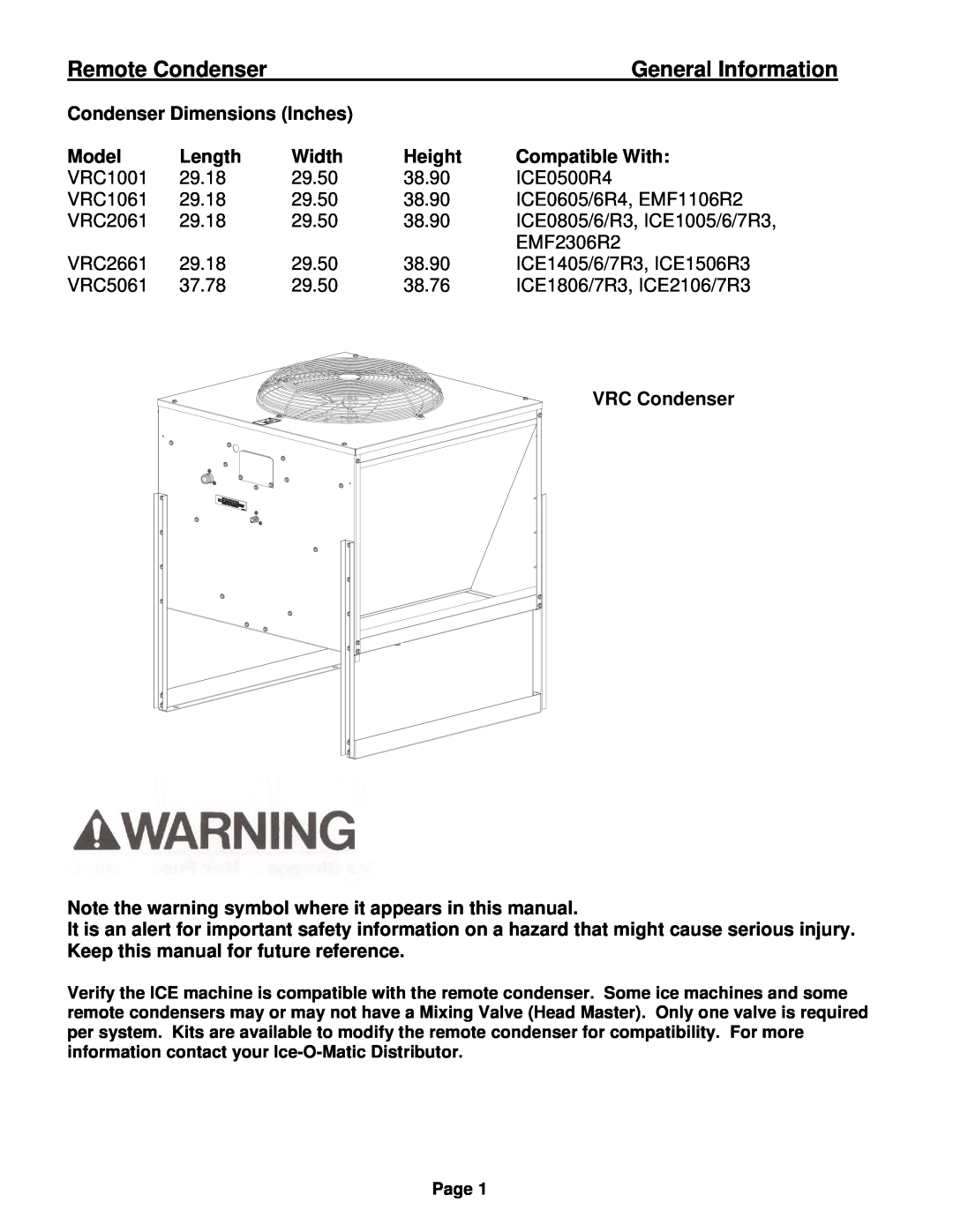 Ice-O-Matic VRC manual General Information, Remote Condenser 